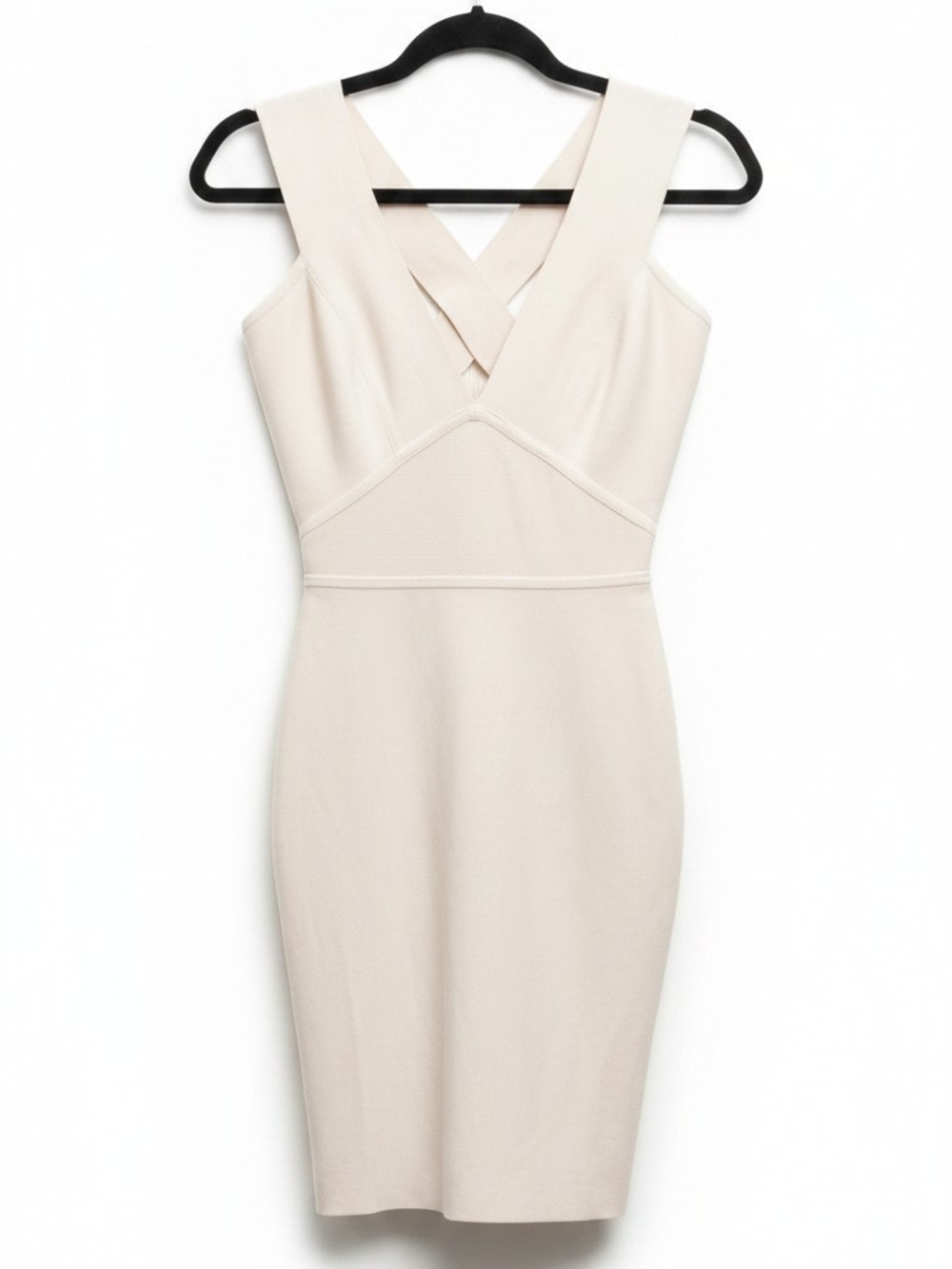 BCBGMaxAzria Cream V-Neck Midi Bodycon Dress SZ XS